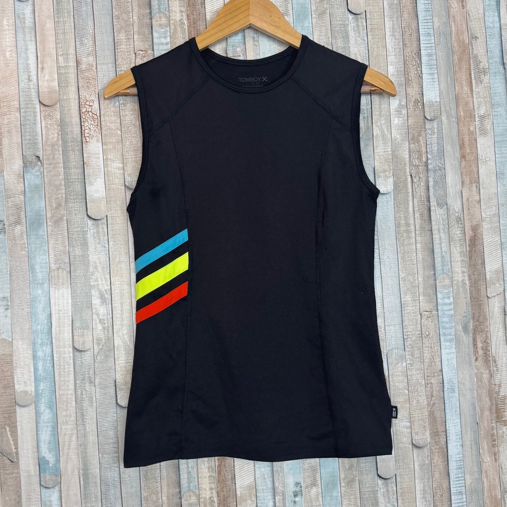 TomboyX S Swim Tank Top Black Sleeveless Rash Guard Shirt Side Stripes UPF 50